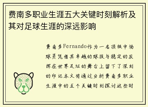 费南多职业生涯五大关键时刻解析及其对足球生涯的深远影响