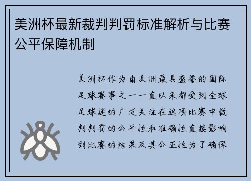 美洲杯最新裁判判罚标准解析与比赛公平保障机制